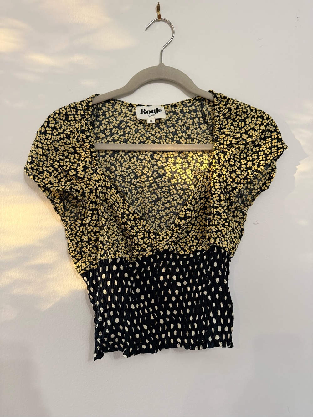 Rouje Black Top with Yellow Floral Print and Smocked Waist